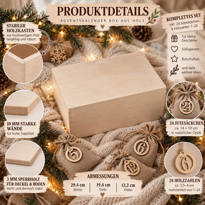 Adventskalender für Paare personalisiert | Holzbox zum Befüllen mit 24 Jutesäckchen und Holzzahlen | Geschenk für Partner mit Wunschtext