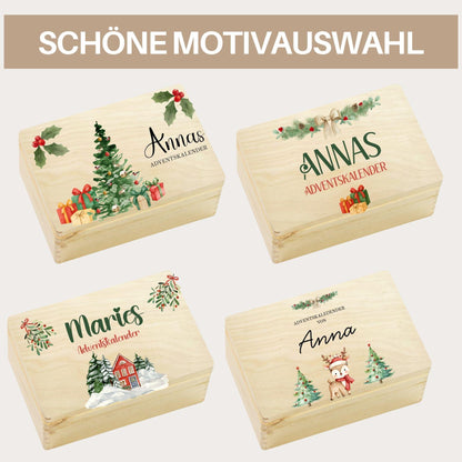 Adventskalender zum Befüllen | Holzkiste Kinder personalisiert | Weihnachten Adventsdeko Holzkiste Box Jungen Mädchen Jutesäckchen Rentier