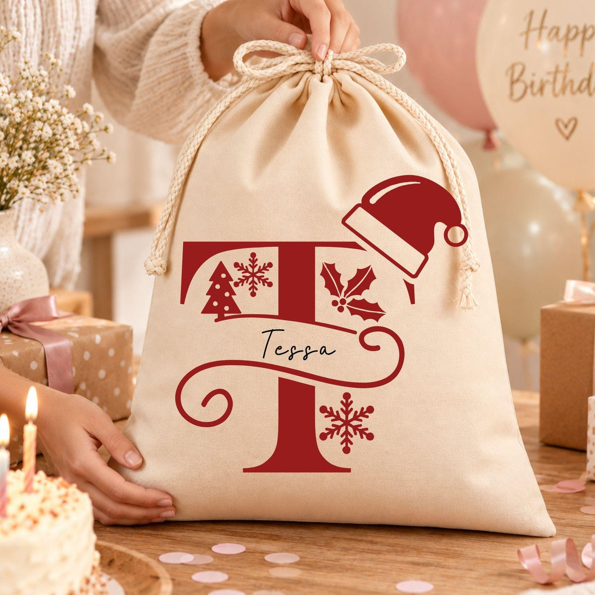Geschenkbeutel mit Namen und Buchstabe – personalisierter Nikolaussack, Monogramm, Weihnachtsbeutel Kinder Erwachsene, Rotes Monogramm
