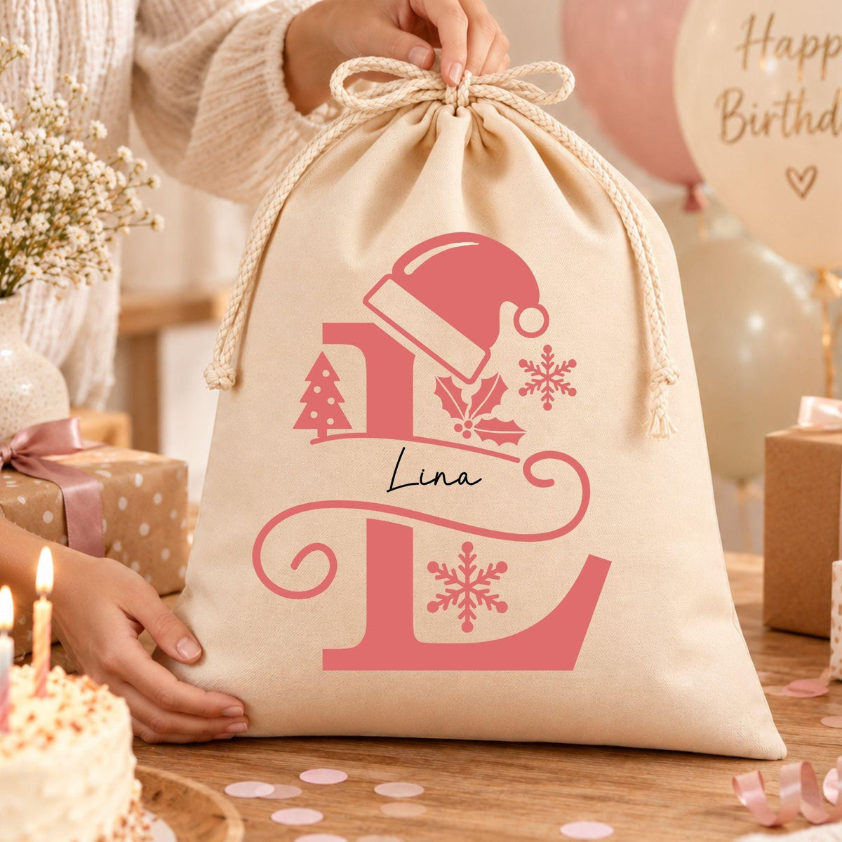 Geschenkbeutel mit Namen und Buchstabe – personalisierter Nikolaussack, Monogramm, Weihnachtsbeutel Kinder Erwachsene, Rotes Monogramm
