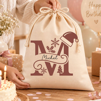 Geschenkbeutel mit Namen und Buchstabe – personalisierter Nikolaussack, Monogramm, Weihnachtsbeutel Kinder Erwachsene, Rotes Monogramm