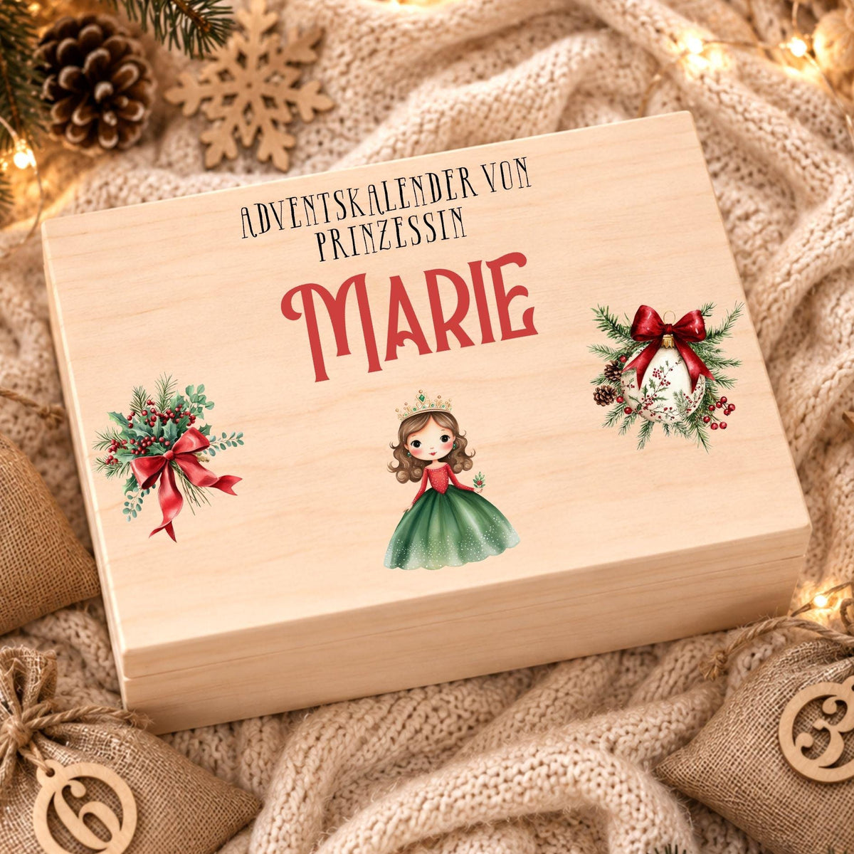 Adventskalender zum Befüllen mit 24 Jutesäckchen | Holzkiste Kinder personalisiert | Weihnachten Adventsdeko Box Mädchen Prinzessin Geschenk