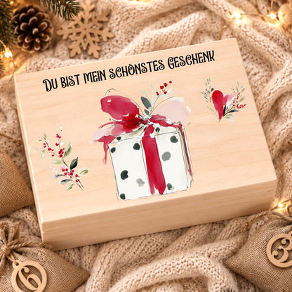 Adventskalender für Paare personalisiert | Holzbox zum Befüllen mit 24 Jutesäckchen und Holzzahlen | Geschenk für Partner mit Wunschtext