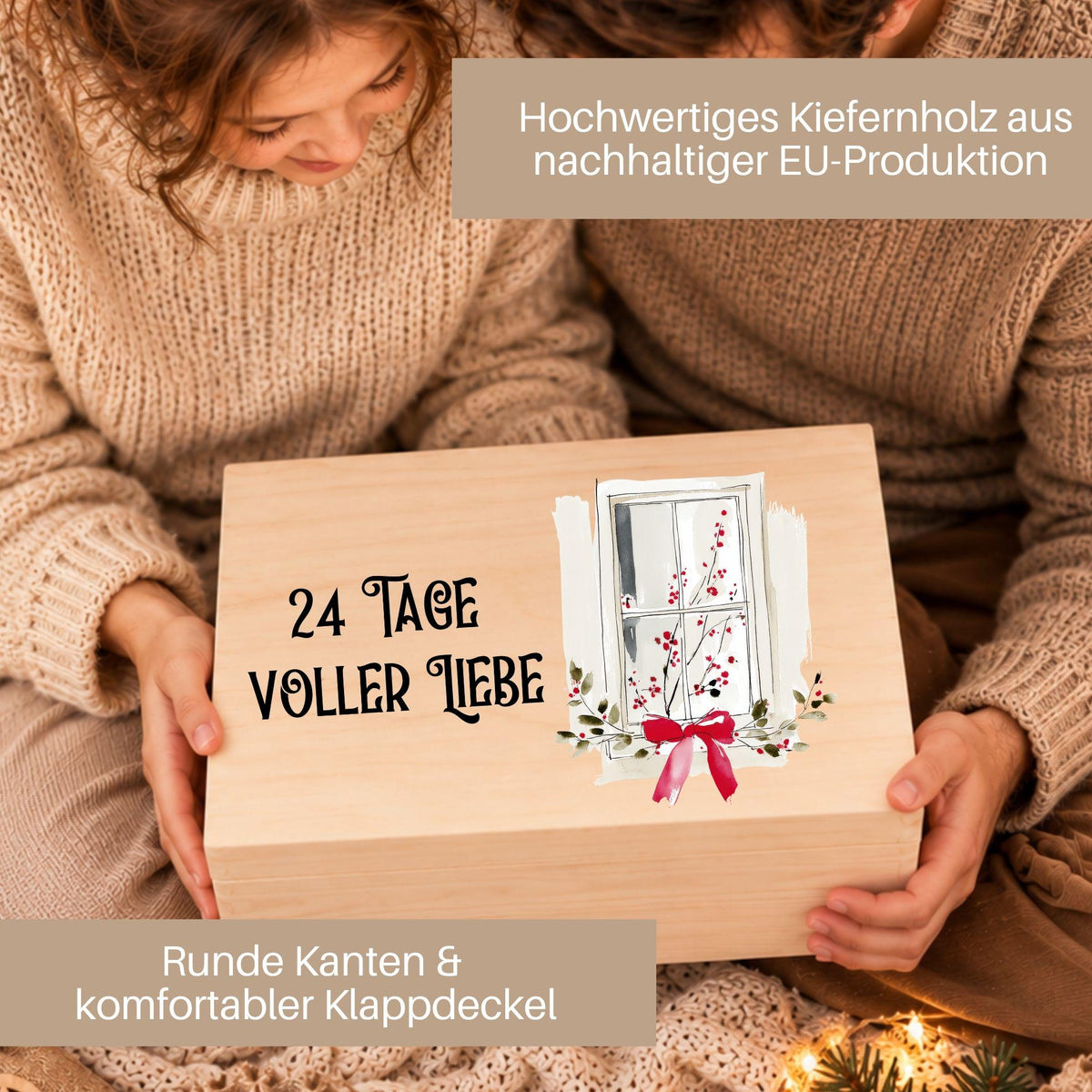 Adventskalender für Paare personalisiert | Holzbox zum Befüllen mit 24 Jutesäckchen und Holzzahlen | Geschenk für Partner mit Wunschtext