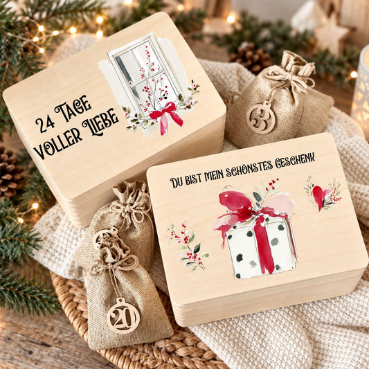 Adventskalender für Paare personalisiert | Holzbox zum Befüllen mit 24 Jutesäckchen und Holzzahlen | Geschenk für Partner mit Wunschtext