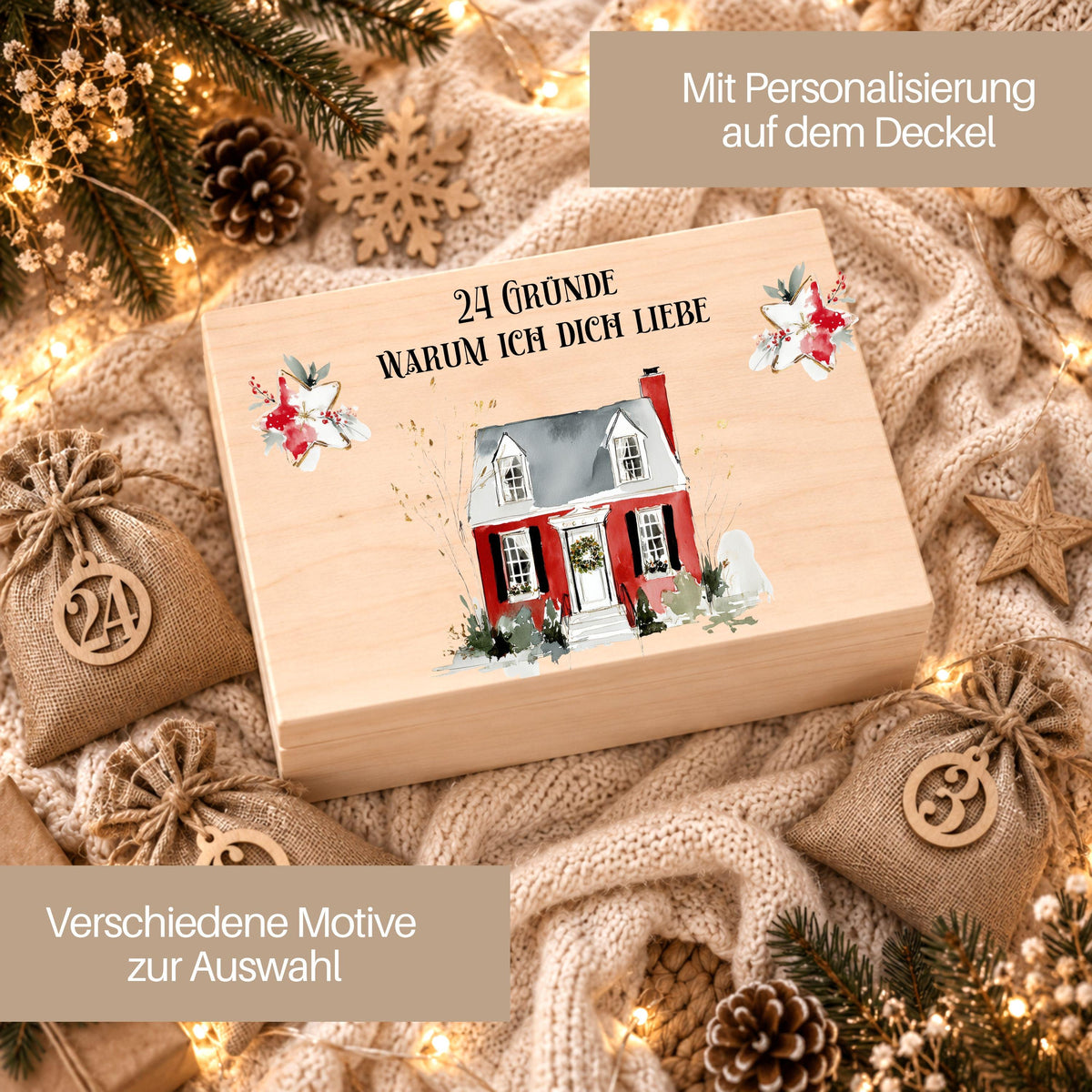 Adventskalender für Paare personalisiert | Holzbox zum Befüllen mit 24 Jutesäckchen und Holzzahlen | Geschenk für Partner mit Wunschtext