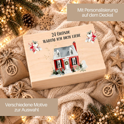 Adventskalender für Paare personalisiert | Holzbox zum Befüllen mit 24 Jutesäckchen und Holzzahlen | Geschenk für Partner mit Wunschtext