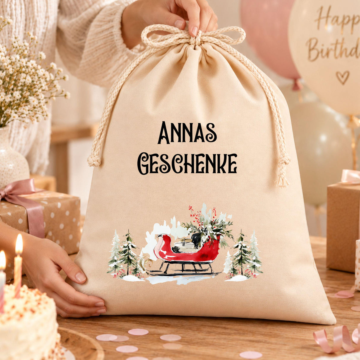 Geschenkbeutel mit Namen und Buchstabe – personalisierter Nikolaussack, Weihnachtsbeutel Kinder Erwachsene, Schlitten Verpackung