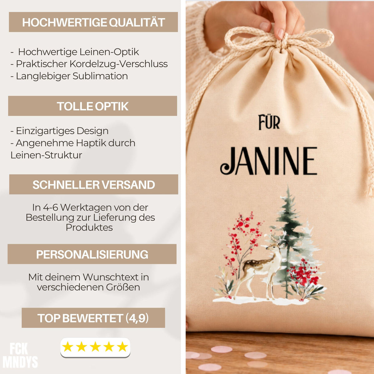 Geschenkbeutel mit Namen oder Buchstabe – personalisierter Nikolaussack, Weihnachtsbeutel Kinder Erwachsene, Geschenk Schleifen Initialen