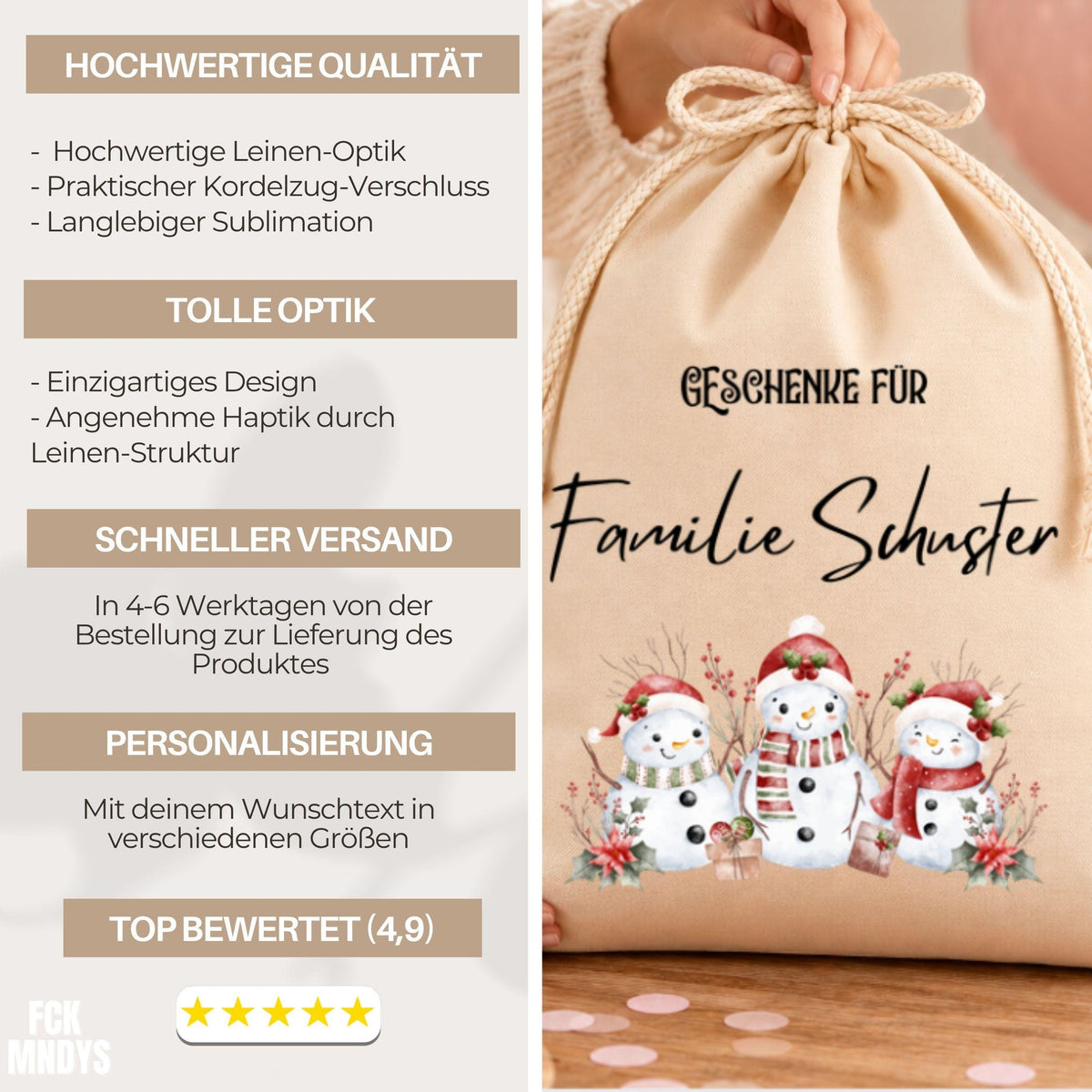 Geschenkbeutel mit Familiennamen – personalisierter Nikolaussack, Weihnachtsbeutel Familie, Geschenke Weihnachten, Schneemann Familie
