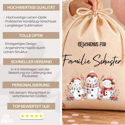 Geschenkbeutel mit Familiennamen – personalisierter Nikolaussack, Weihnachtsbeutel Familie, Geschenke Weihnachten, Schneemann Familie