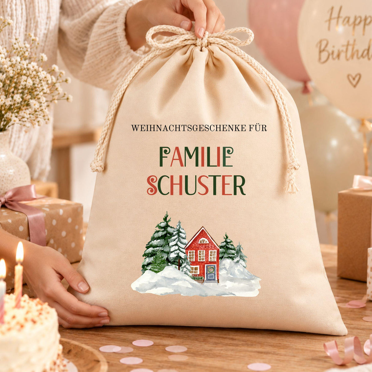 Geschenkbeutel mit Familiennamen – personalisierter Nikolaussack, Weihnachtsbeutel Familie, Geschenke Weihnachten, Winterhaus