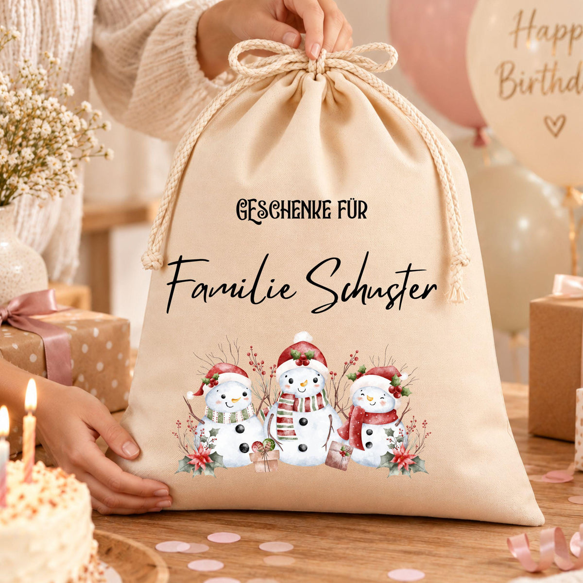 Geschenkbeutel mit Familiennamen – personalisierter Nikolaussack, Weihnachtsbeutel Familie, Geschenke Weihnachten, Schneemann Familie