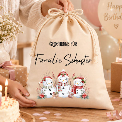 Geschenkbeutel mit Familiennamen – personalisierter Nikolaussack, Weihnachtsbeutel Familie, Geschenke Weihnachten, Schneemann Familie