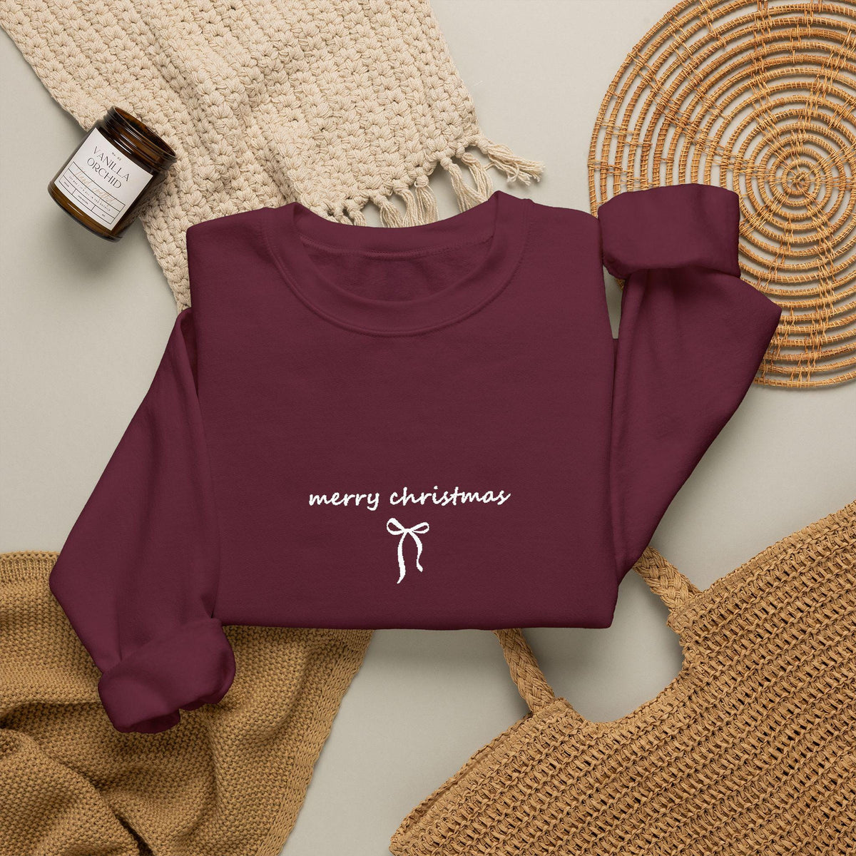 Bestickter Weihnachtspullover Schleife, Merry Christmas Sweatshirt, Coquette Weihnachtsgeschenk für Frauen Männer Familien Partnerlook