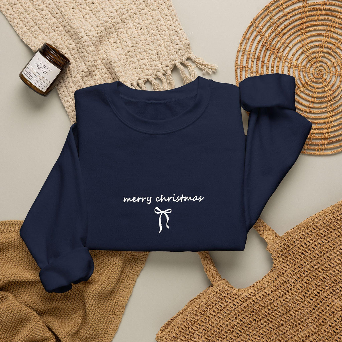 Bestickter Weihnachtspullover Schleife, Merry Christmas Sweatshirt, Coquette Weihnachtsgeschenk für Frauen Männer Familien Partnerlook
