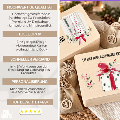 Adventskalender für Paare mit Foto personalisiert | Holzbox zum Befüllen mit 24 Jutesäckchen Holzzahlen, Geschenk für Partner mit Wunschtext