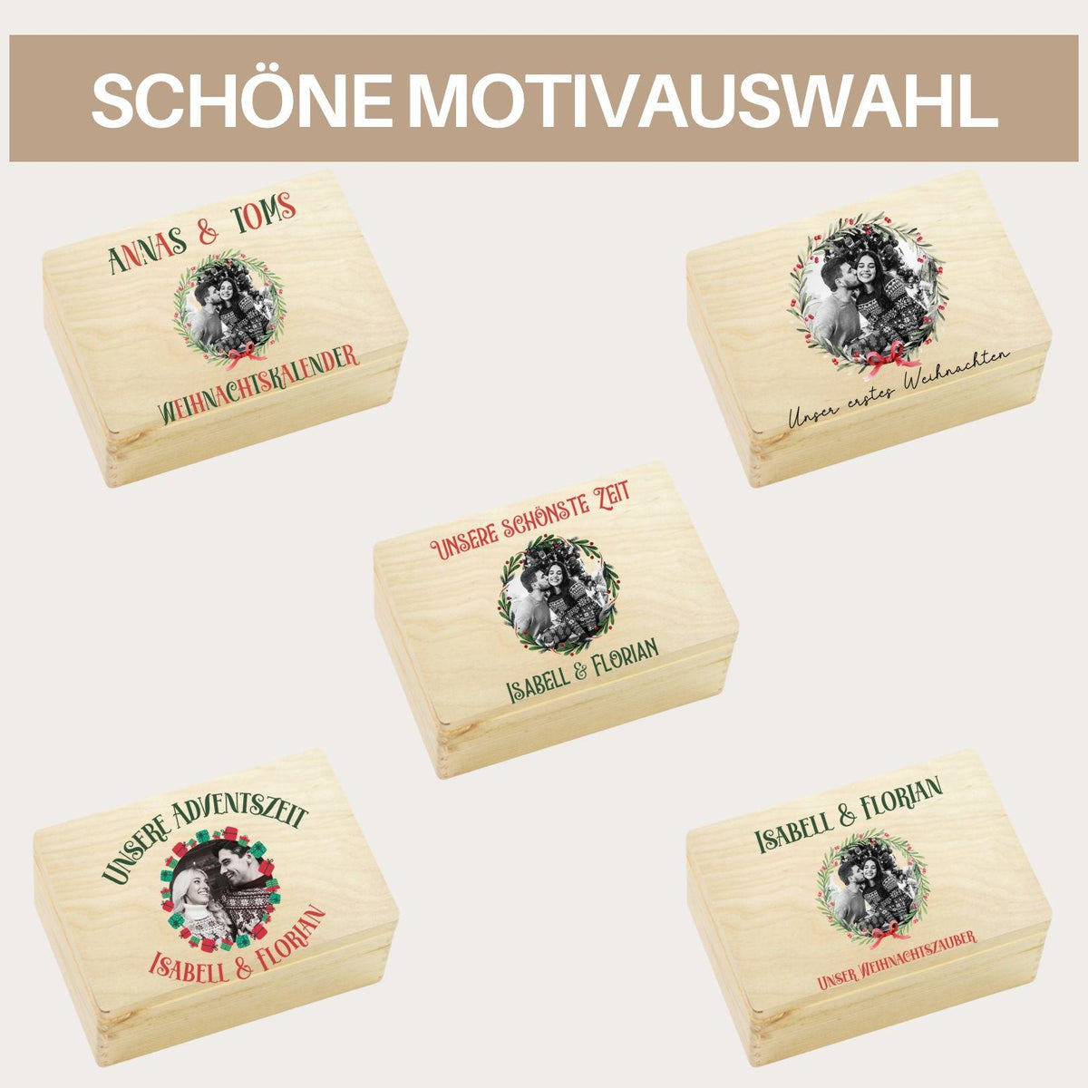 Adventskalender für Paare mit Foto personalisiert | Holzbox zum Befüllen mit 24 Jutesäckchen Holzzahlen, Geschenk für Partner mit Wunschtext