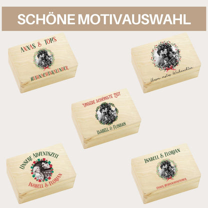 Adventskalender für Paare mit Foto personalisiert | Holzbox zum Befüllen mit 24 Jutesäckchen Holzzahlen, Geschenk für Partner mit Wunschtext