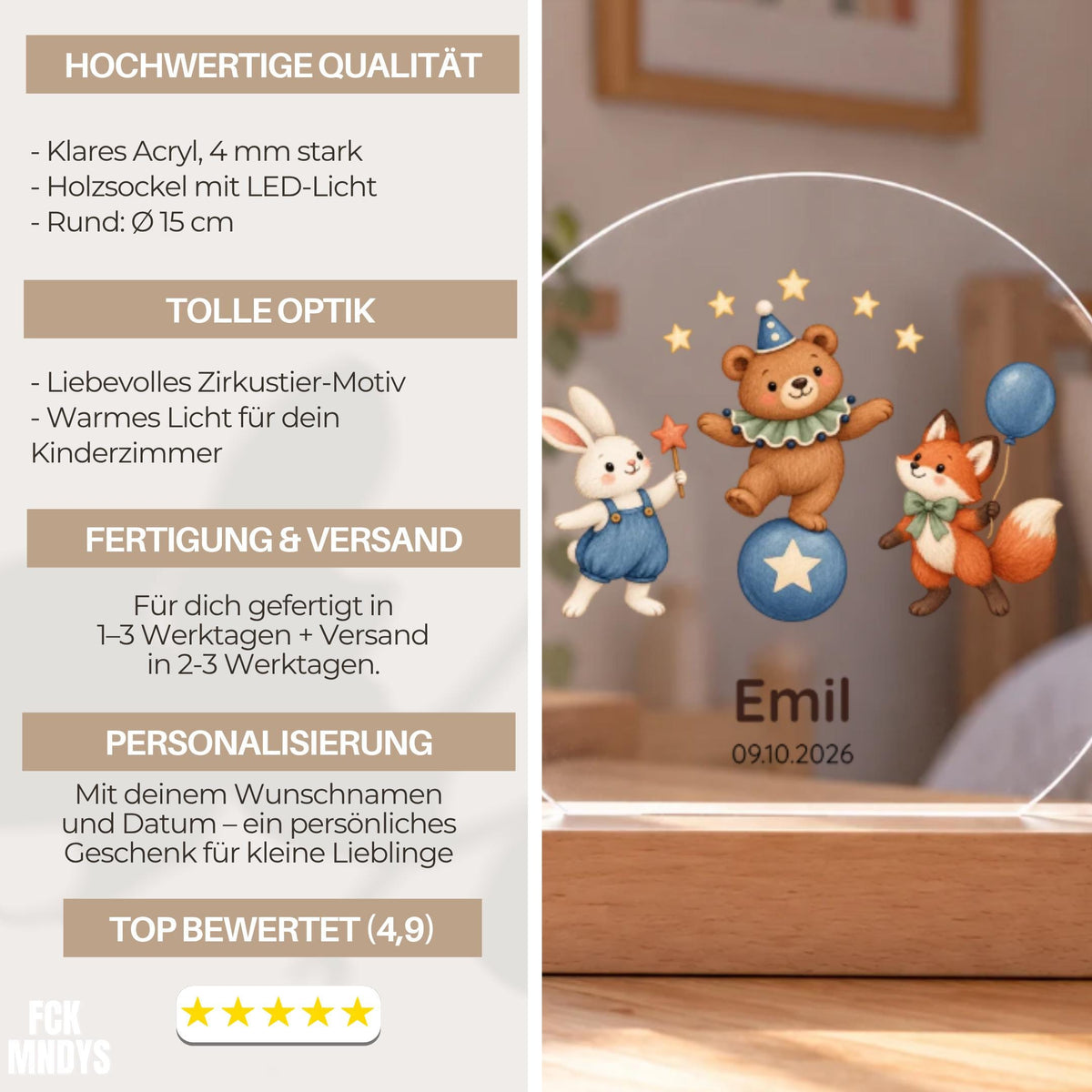 Nachtlicht mit Datum und Namen rund, Kinderzimmer, Zirkustiere Acryl mit Holzsockel, Geschenk Geburt Taufe, LED Licht Weihnachten Leuchte