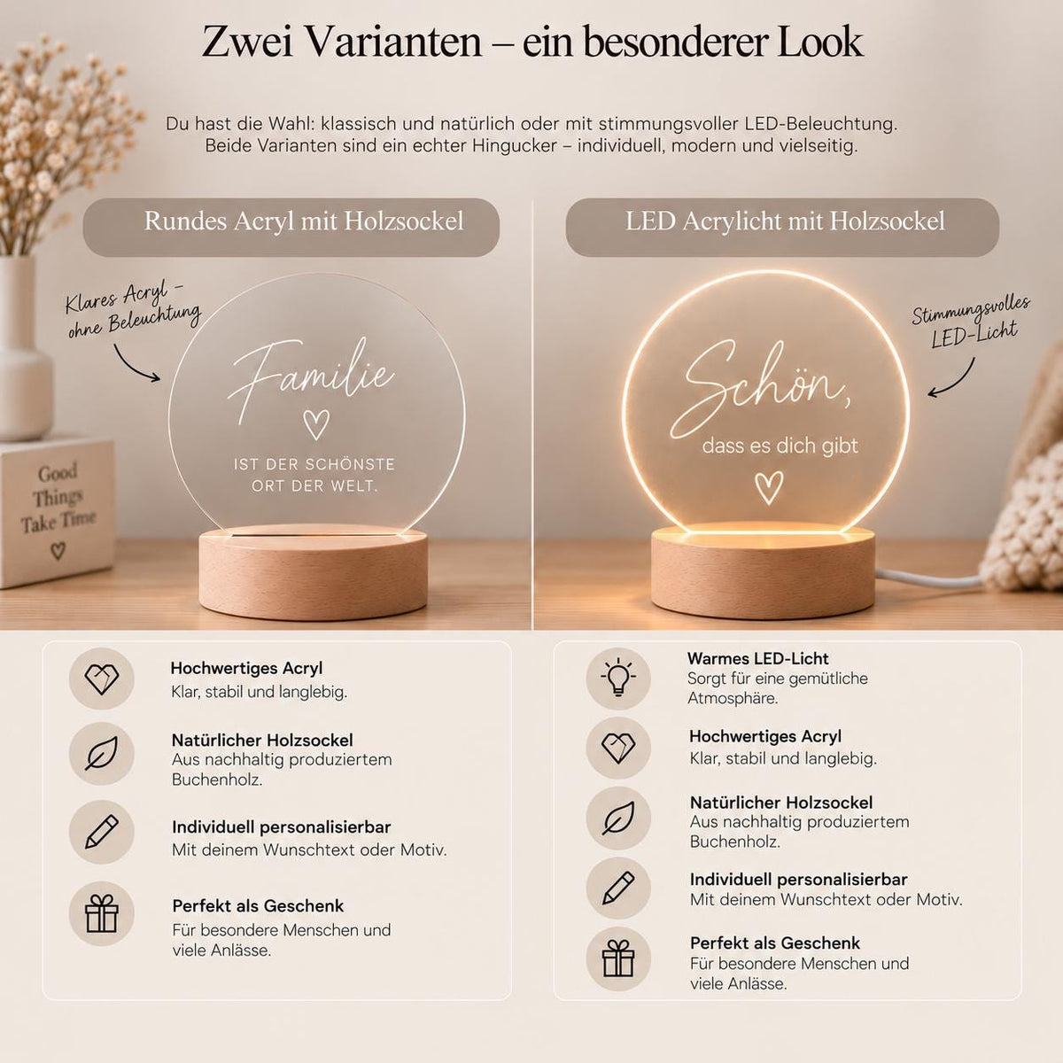 Nachtlicht mit Datum und Namen rund, Kinderzimmer, Zirkustiere Acryl mit Holzsockel, Geschenk Geburt Taufe, LED Licht Weihnachten Leuchte