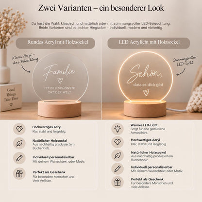 Nachtlicht mit Datum und Namen rund, Kinderzimmer, Zirkustiere Acryl mit Holzsockel, Geschenk Geburt Taufe, LED Licht Weihnachten Leuchte