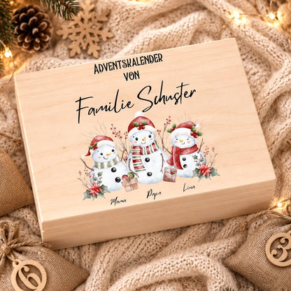 Personalisierter Adventskalender mit Namen für Familien | Holzbox zum Befüllen 24 Säckchen mit Holzzahlen, Geschenk Wunschtext Kinder Eltern