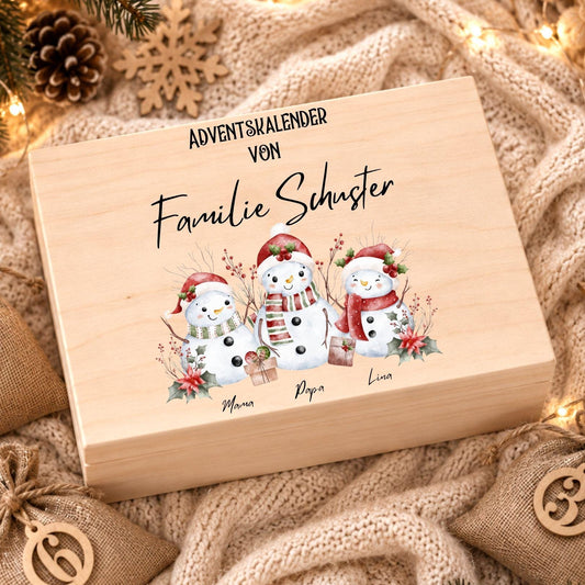 Personalisierter Adventskalender mit Namen für Familien | Holzbox zum Befüllen 24 Säckchen mit Holzzahlen, Geschenk Wunschtext Kinder Eltern