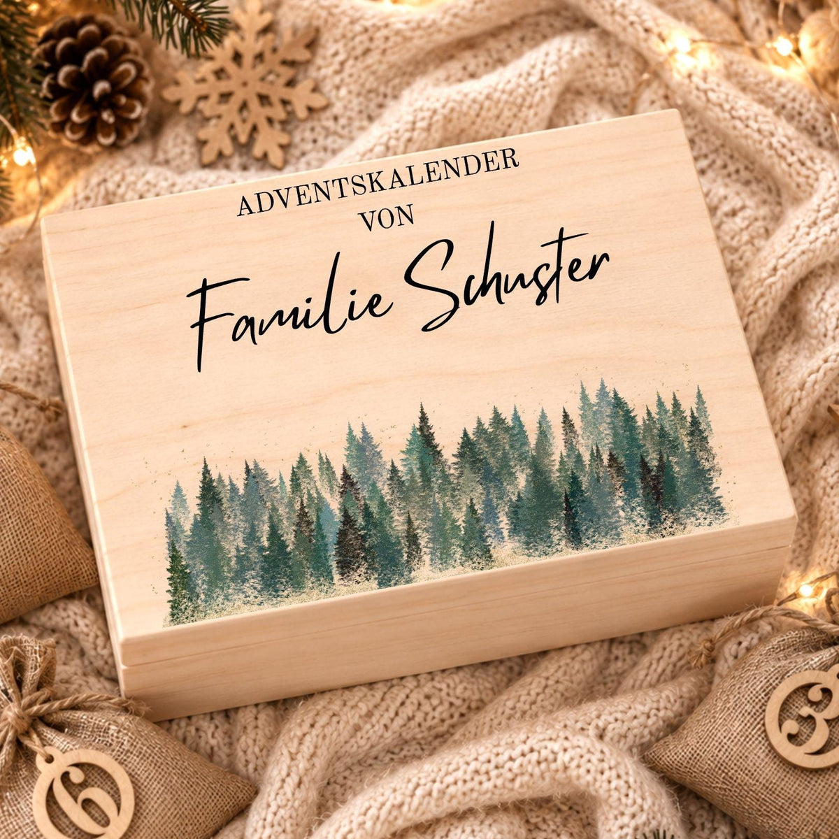 Personalisierter Adventskalender mit Namen für Familien | Holzbox zum Befüllen 24 Säckchen mit Holzzahlen, Geschenk Wunschtext Kinder Eltern