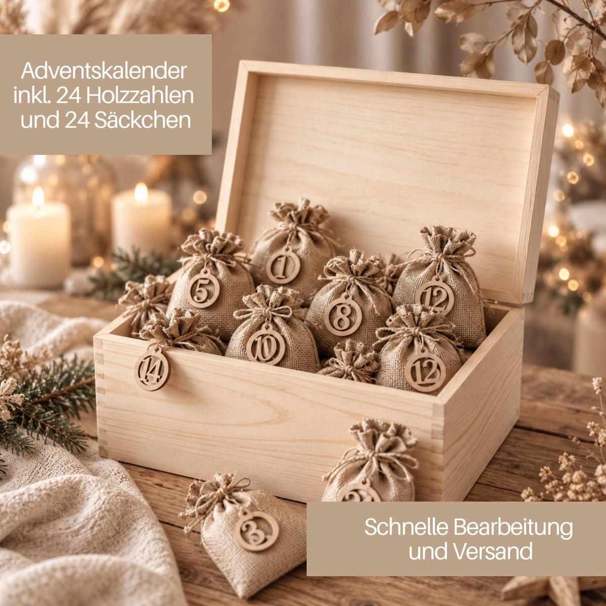 Personalisierter Adventskalender mit Namen für Familien | Holzbox zum Befüllen 24 Säckchen mit Holzzahlen, Geschenk Wunschtext Kinder Eltern