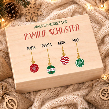 Personalisierter Adventskalender mit Namen für Familien | Holzbox zum Befüllen 24 Säckchen mit Holzzahlen, Geschenk Wunschtext Kinder Eltern