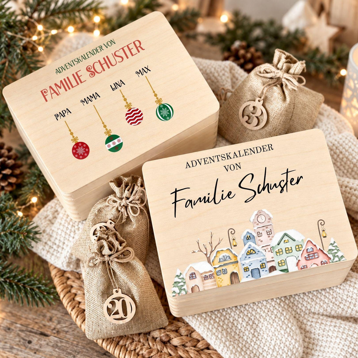 Personalisierter Adventskalender mit Namen für Familien | Holzbox zum Befüllen 24 Säckchen mit Holzzahlen, Geschenk Wunschtext Kinder Eltern