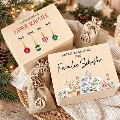 Personalisierter Adventskalender mit Namen für Familien | Holzbox zum Befüllen 24 Säckchen mit Holzzahlen, Geschenk Wunschtext Kinder Eltern