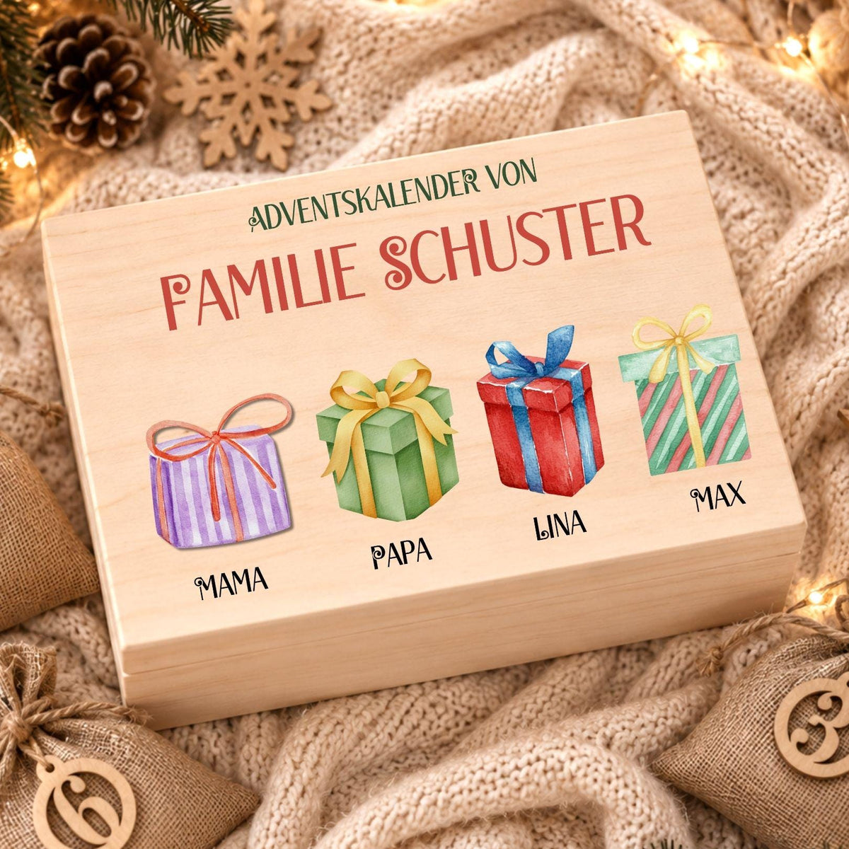 Personalisierter Adventskalender mit Namen für Familien | Holzbox zum Befüllen 24 Säckchen mit Holzzahlen, Geschenk Wunschtext Kinder Eltern