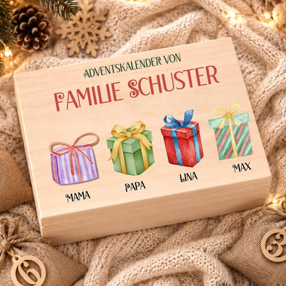 Personalisierter Adventskalender mit Namen für Familien | Holzbox zum Befüllen 24 Säckchen mit Holzzahlen, Geschenk Wunschtext Kinder Eltern