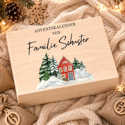 Personalisierter Adventskalender mit Namen für Familien | Holzbox zum Befüllen 24 Säckchen mit Holzzahlen, Geschenk Wunschtext Kinder Eltern