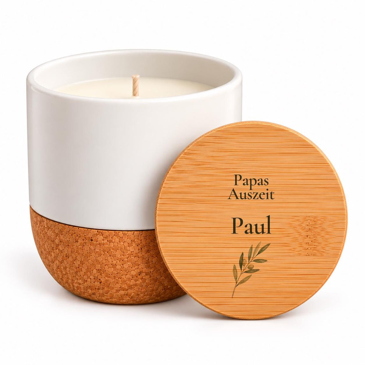 Personalisierte Duftkerze für Papa mit Namen | Papas Auszeit | Vatertagsgeschenk + Geburtstag | Vanille, Keramik mit Kork + Bambusdeckel