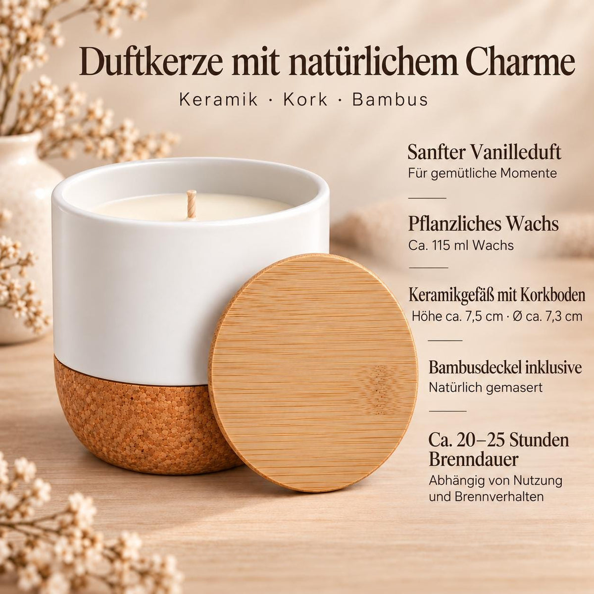 Personalisierte Duftkerze mit Namen + Hochzeitsdatum | Hochzeitsgeschenk für Brautpaar | Blütenzweig, Vanille, Keramik mit Bambusdeckel