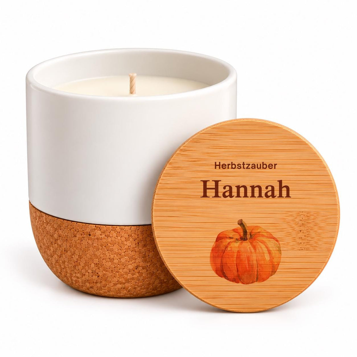 Personalisierte Duftkerze mit Namen | Herbstzauber Kürbis | Herbst Deko + Geschenk für Freundin | Vanille, Keramik mit Kork + Bambusdeckel