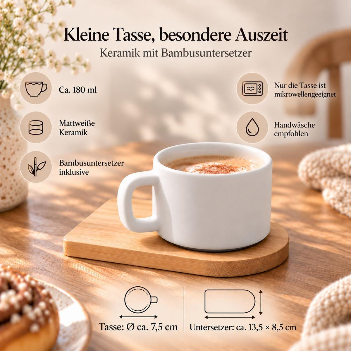 Personalisierte Tasse mit Namen und Blumen | Geschenk für Freundin zum Geburtstag | Dankeschön für Kollegin | Mit Bambusuntersetzer