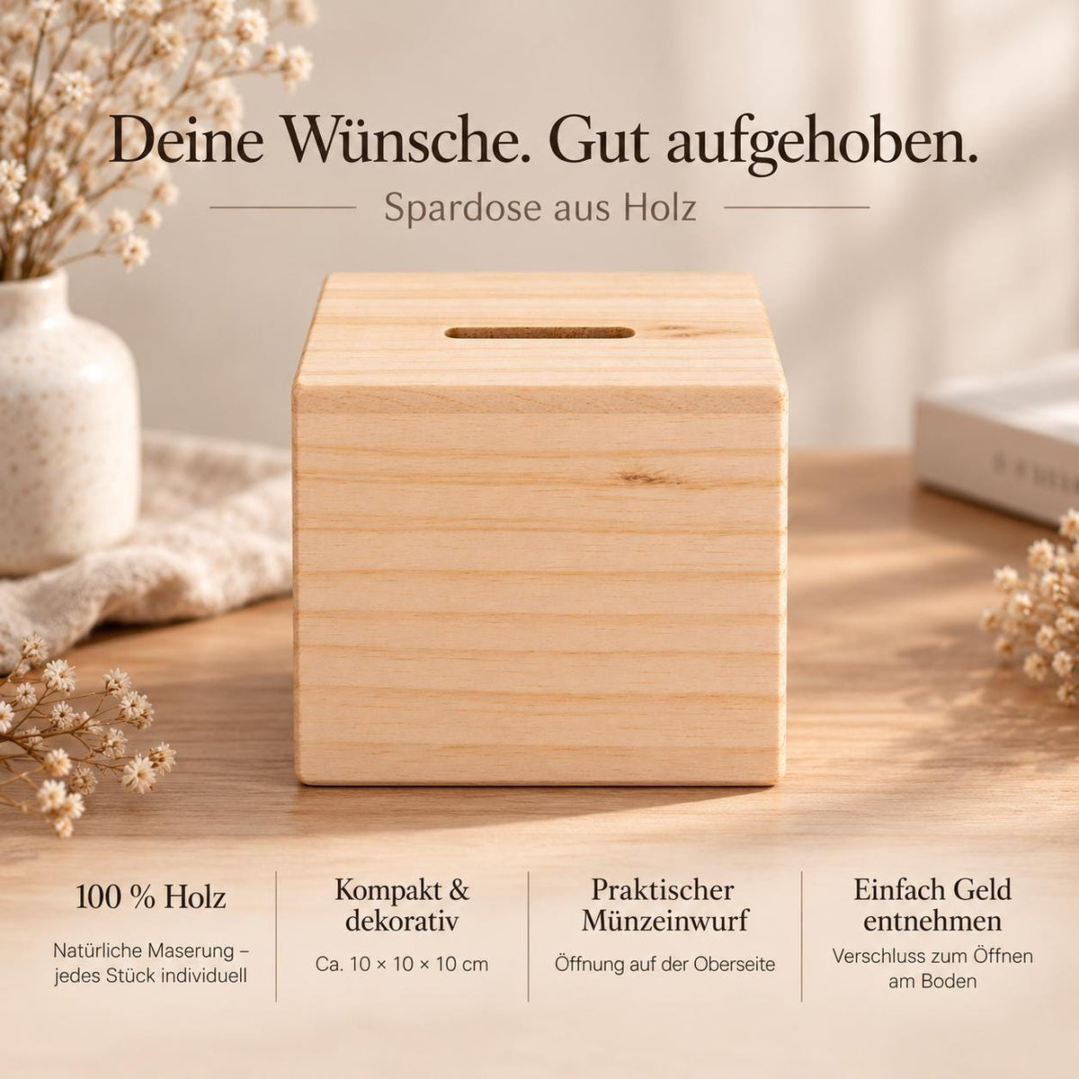 Kinderspardose aus Holz mit Name | Hase und Blumen | Ostergeschenk für Kinder | Geldgeschenk für kleine Herzenswünsche