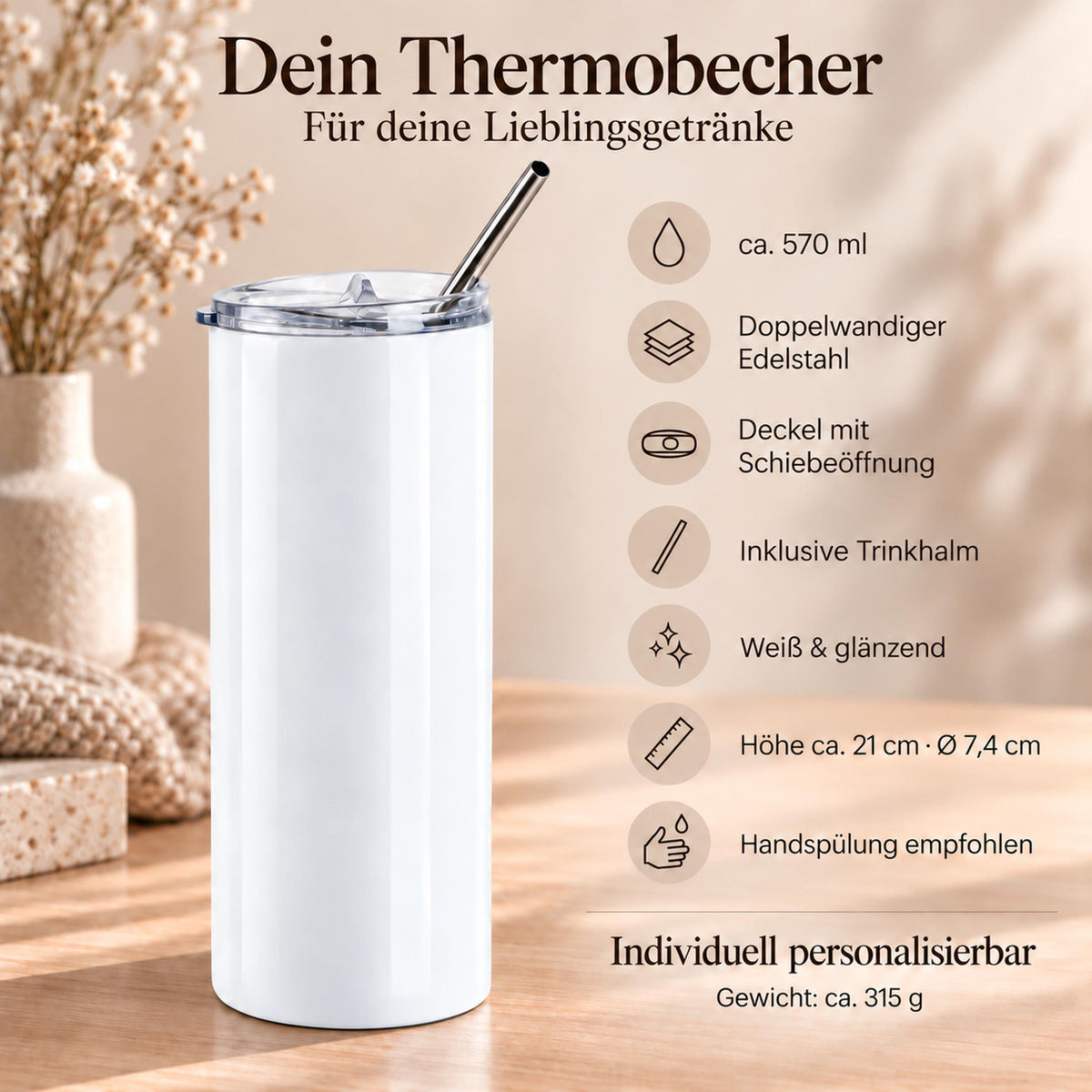 Personalisierte Thermoflasche mit Initiale und Namen | Eukalyptus Aquarell | Geburtstagsgeschenk Freundin, 570 ml Edelstahl mit Trinkhalm