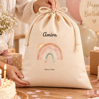 Geschenkbeutel mit Namen – personalisierte Geschenkverpackung zum Kindergeburtstag für Mädchen und Jungen, Boho Regenbogen Beutel Sack