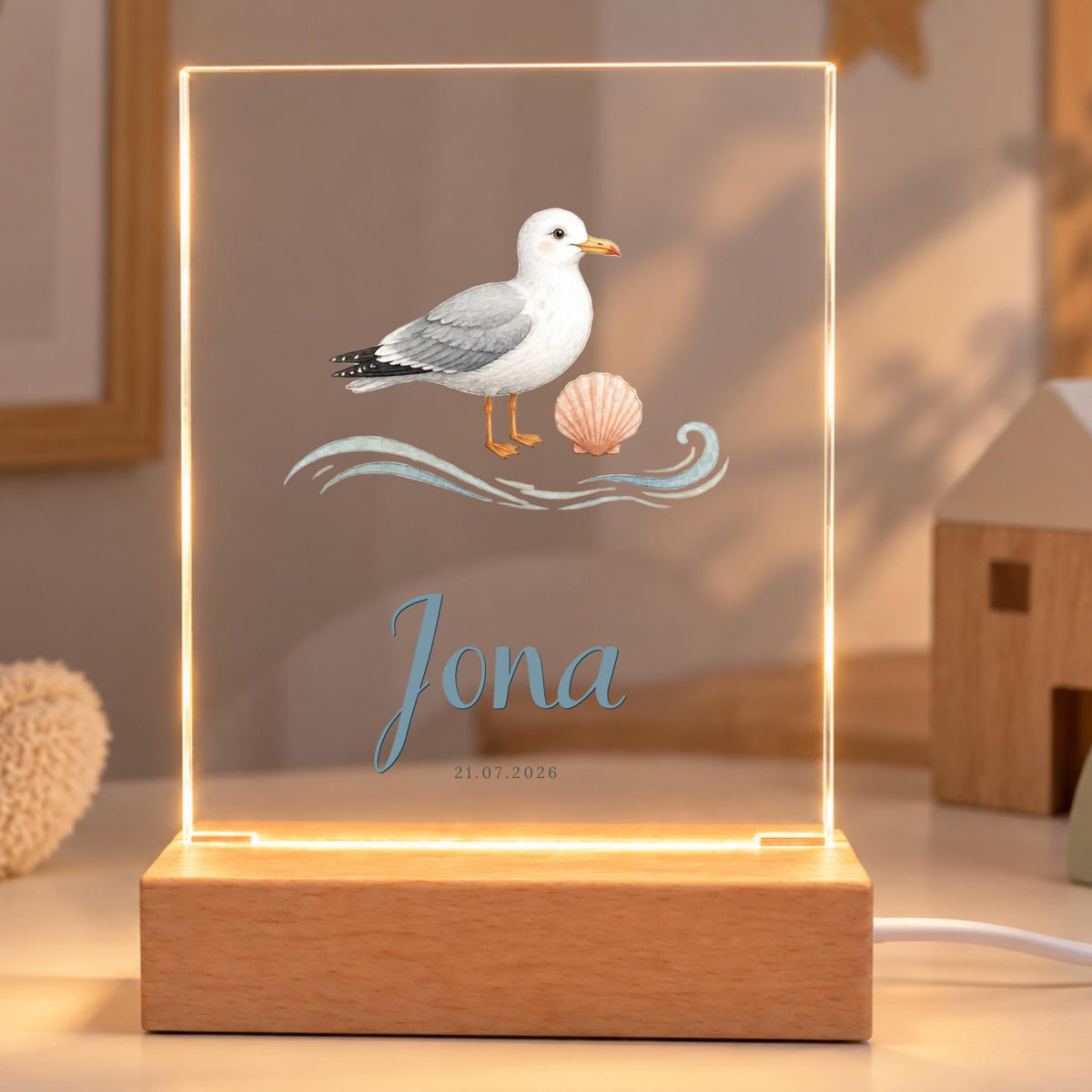 Personalisiertes Nachtlicht rechteckig, Möwe mit Muschel, LED Acryl mit Holzsockel, Kinderzimmer, Geschenk Geburt Taufe Geburtstag