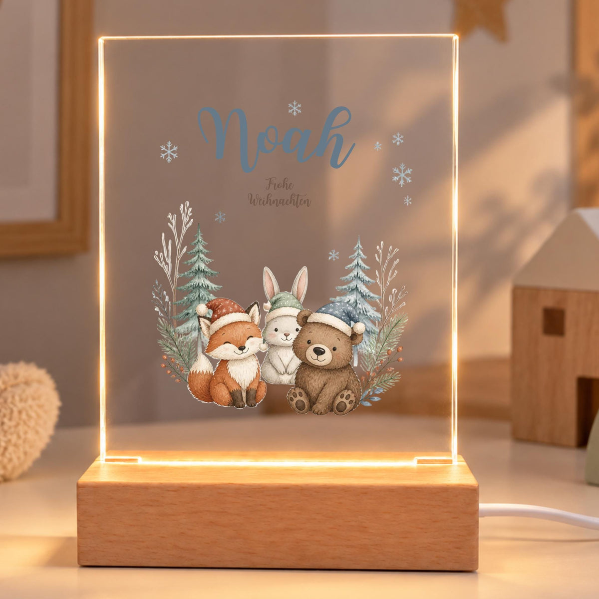 Personalisiertes Nachtlicht rechteckig, Winterwaldtiere, LED Acryl mit Holzsockel, Kinderzimmer, Weihnachtsgeschenk für Kinder