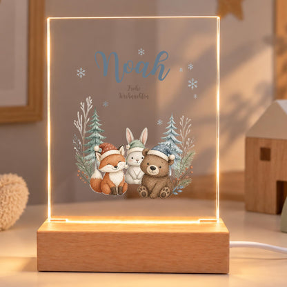 Personalisiertes Nachtlicht rechteckig, Winterwaldtiere, LED Acryl mit Holzsockel, Kinderzimmer, Weihnachtsgeschenk für Kinder