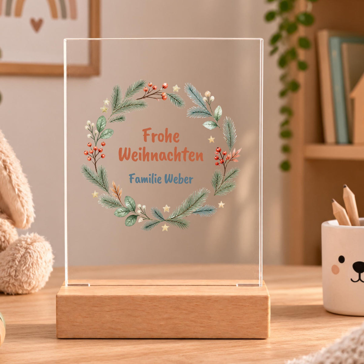 Personalisiertes Nachtlicht rechteckig, Weihnachtskranz mit Familiennamen, LED Acryl mit Holzsockel, Weihnachtsgeschenk