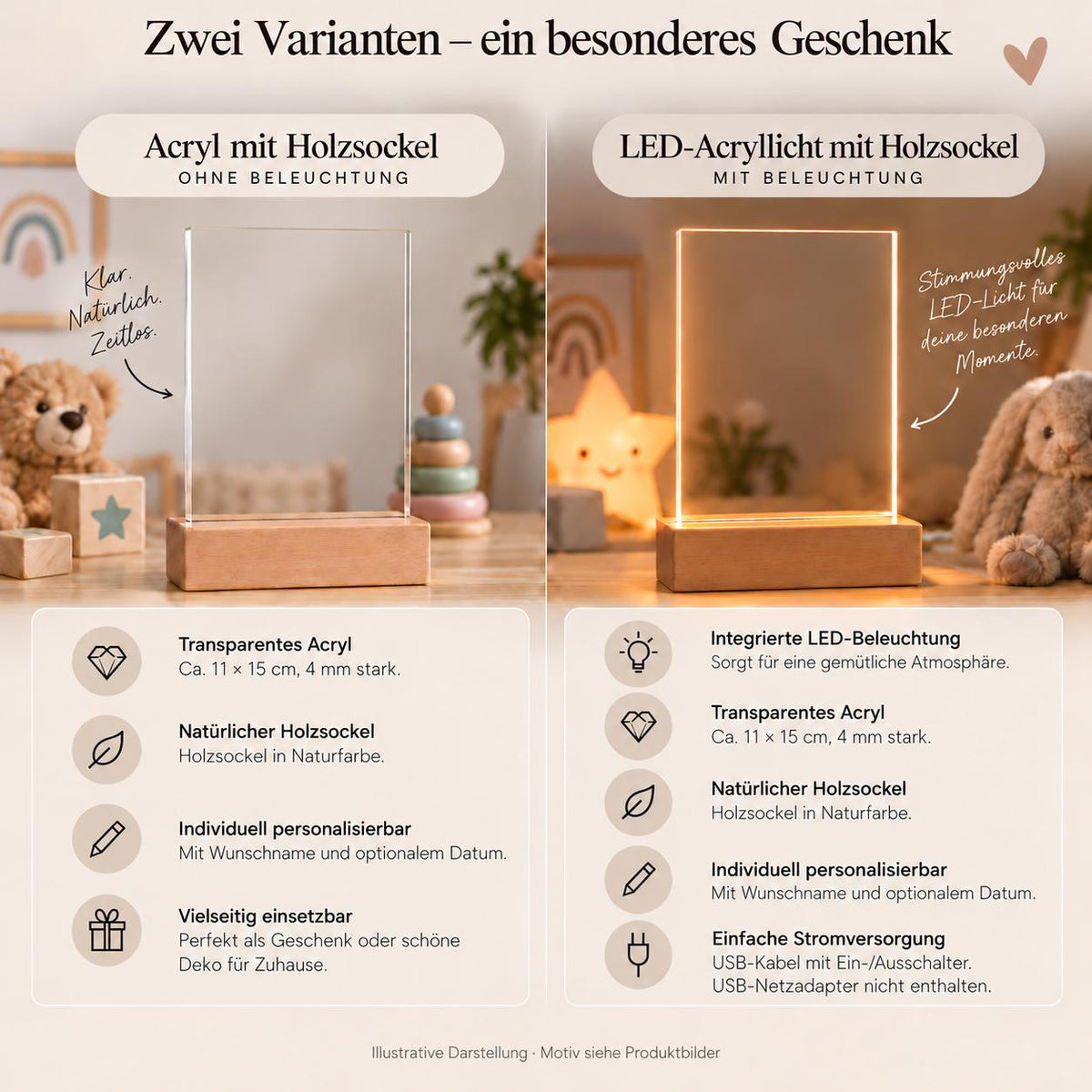Personalisiertes Nachtlicht rechteckig, Fuchs mit Blumen, LED Acryl mit Holzsockel, Kinderzimmer, Geschenk Geburt Taufe Geburtstag