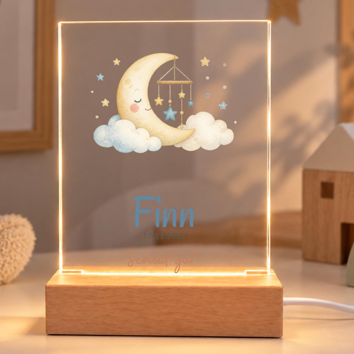 Personalisiertes Nachtlicht rechteckig, Mond und Sterne, LED Acryl mit Holzsockel, Kinderzimmer, Geschenk Geburt Taufe Geburtstag