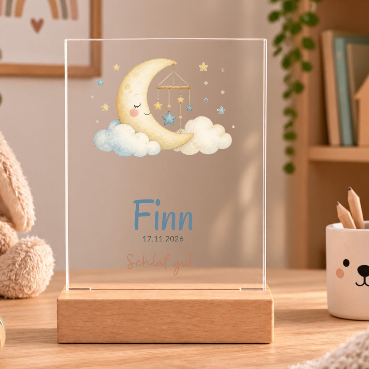 Personalisiertes Nachtlicht rechteckig, Mond und Sterne, LED Acryl mit Holzsockel, Kinderzimmer, Geschenk Geburt Taufe Geburtstag
